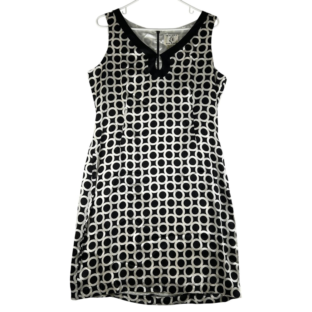 ICE Dress Womens 12 Black White Geometric Circle Print Silk Sheath Knee Length